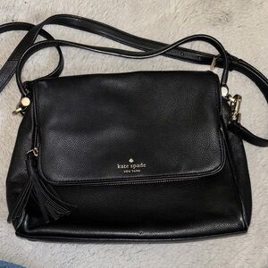 kate spade Black Pebbled Leather Flap Crossbody with Tassel
